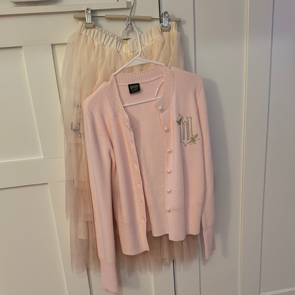 New, never been worn. Pink Cardigan with Embroidered Details and Skirt